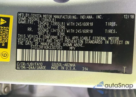 2019 Toyota Highlander Le Plus из США, поврежденный, VIN 5TDZZRFH0KS307053